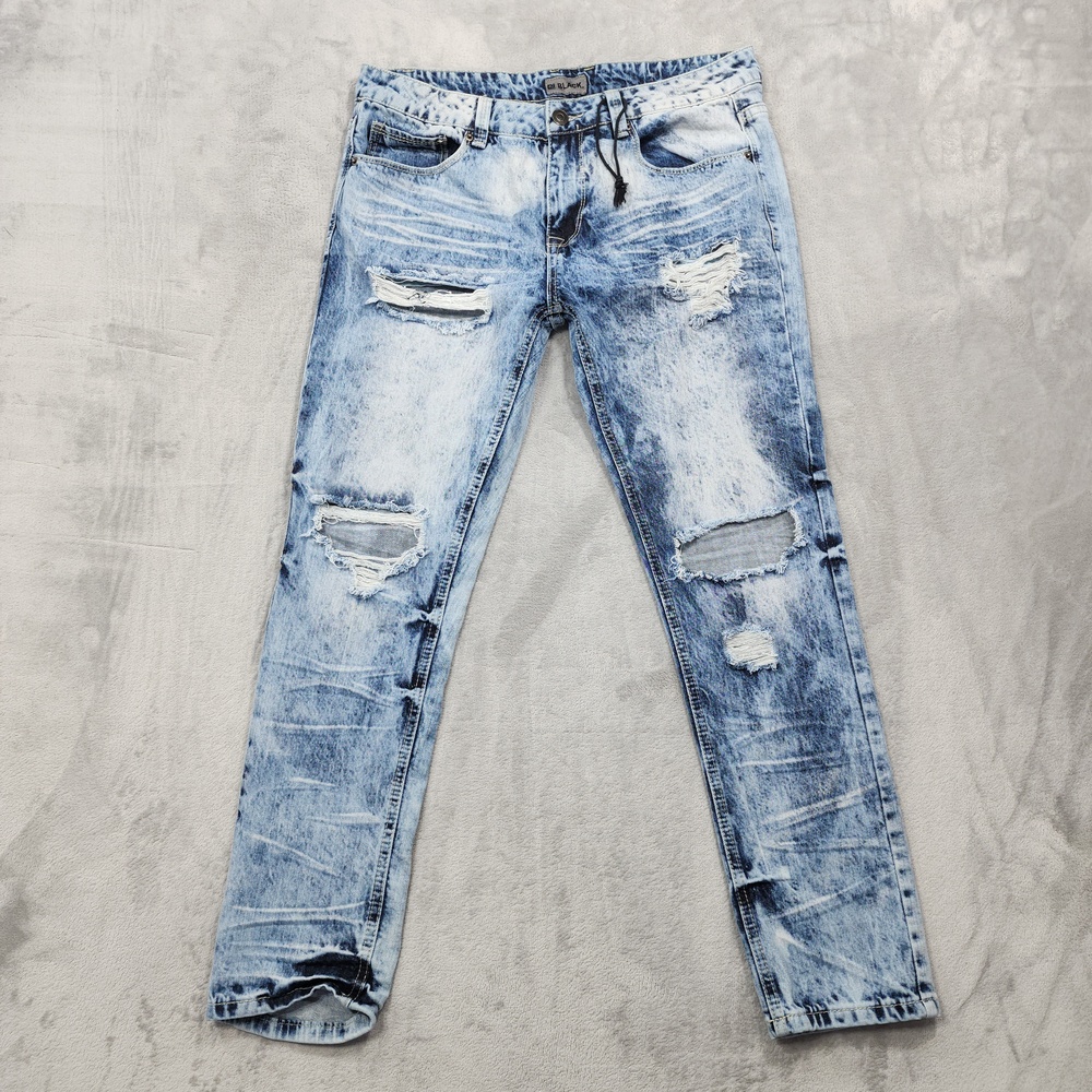 Black Jeans Mens 34x30 Blue Acid Wash Skinny Flex Moto Distressed Stretch Denim